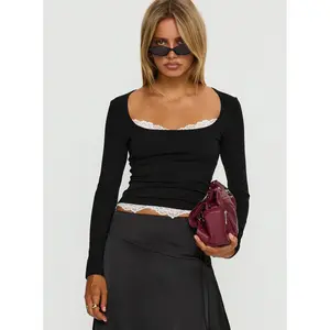 Falling Through Lace Detail Long Sleeve Top Black