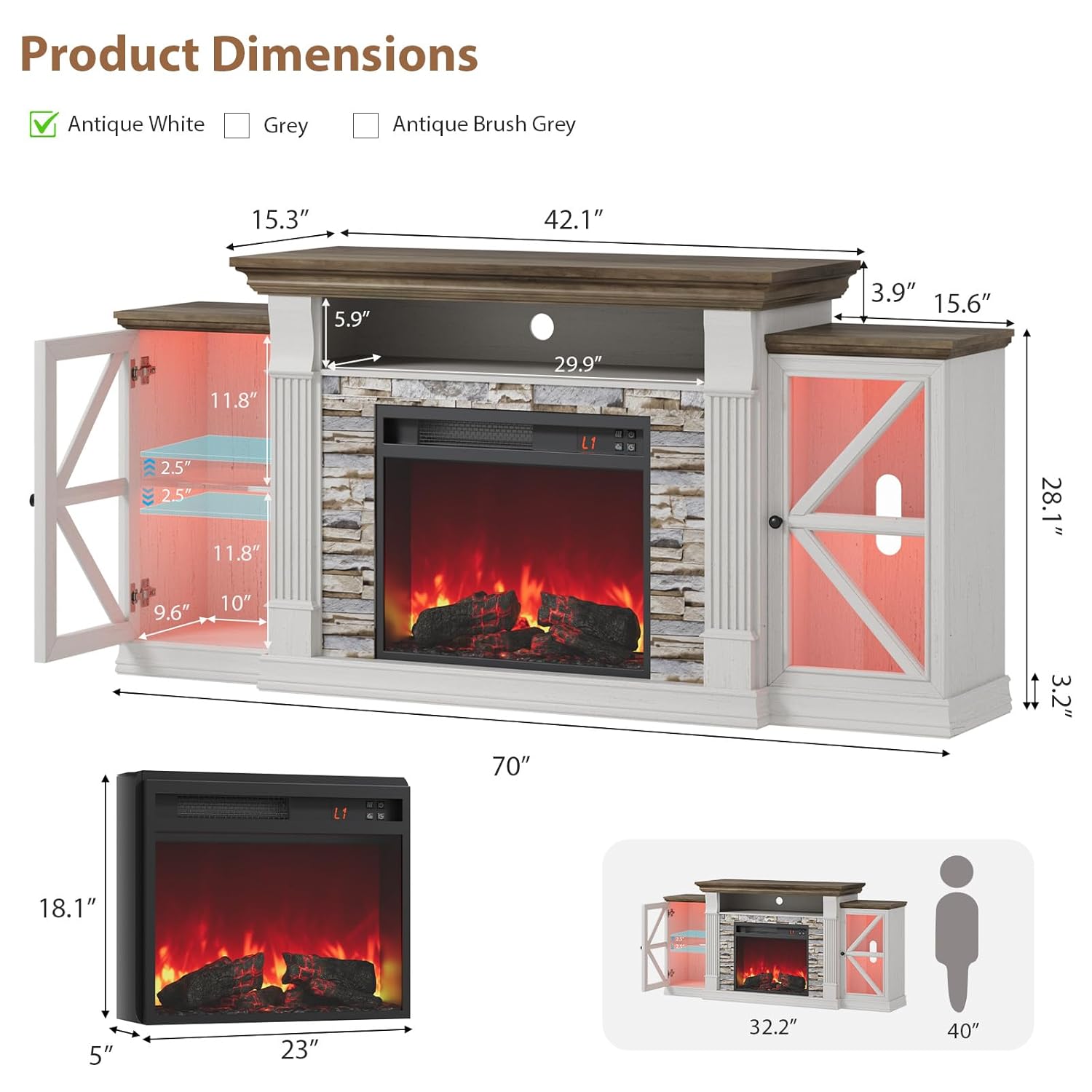Electric Fireplace TV Stand, 70" Farmhouse Entertainment Center with Open Shelf and Glass Barn Door Cabniet, Modern, Customized