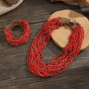 Handmade Bohemian Multi-Layer Beaded Necklace Bracelet Set – 2024 Fashionable Short Exaggerated Winding Design