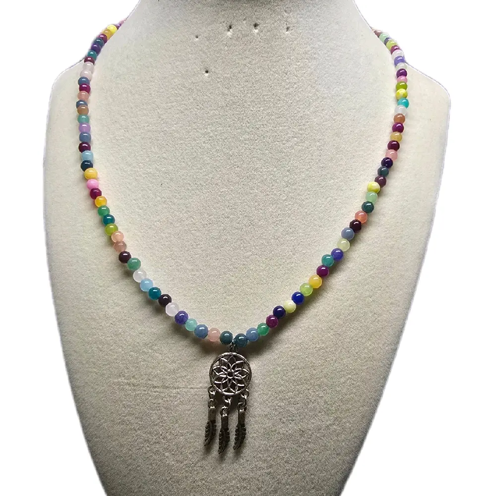 Dreamcatcher Pendant Necklace with Multicolored Jade Beads for Women