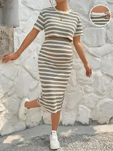 BELLAdresses 2pcs/Set Pregnant Women Striped Print Round Neck Top And Skirt,Summer Clothes