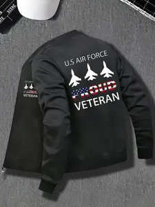 Men's Us Air Force Proud Veteran Jacket, Casual Stand Collar, Polyester Zipper Sweatshirt, Fighter Design, Fall/winter