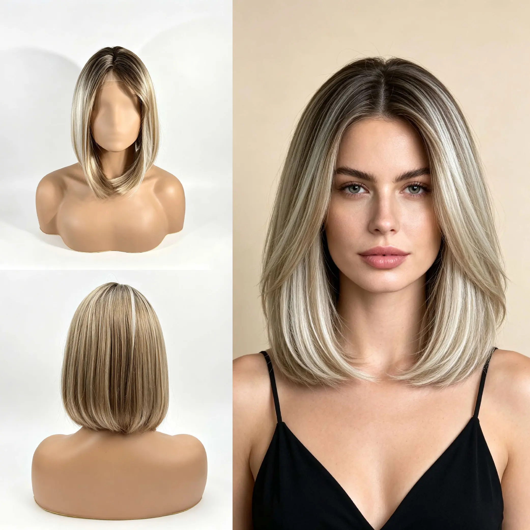Women's Synthetic Full Machine Wig, Center Part Lace Bob Wig, Light Brown with Platinum Blonde Highlights, Heat-Resistant, Soft, Lightweight, Suitable for Everyday Wear & Social Media Photoshoots