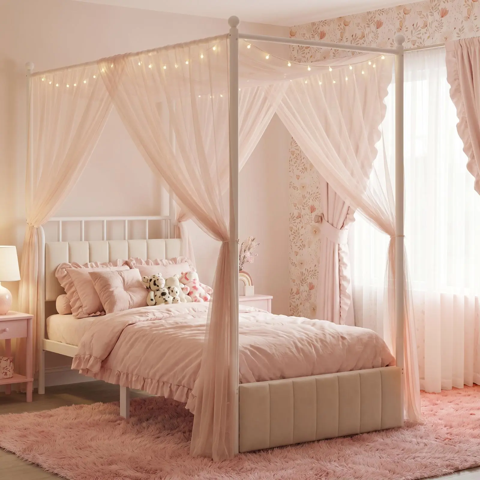 VOWNER Twin Size Canopy Bed Frame with Upholstered Headboard, Heavy Duty Metal Slats, RGB LED Lights, Charging Station & Storage Drawer, No Box Spring Needed, Beige