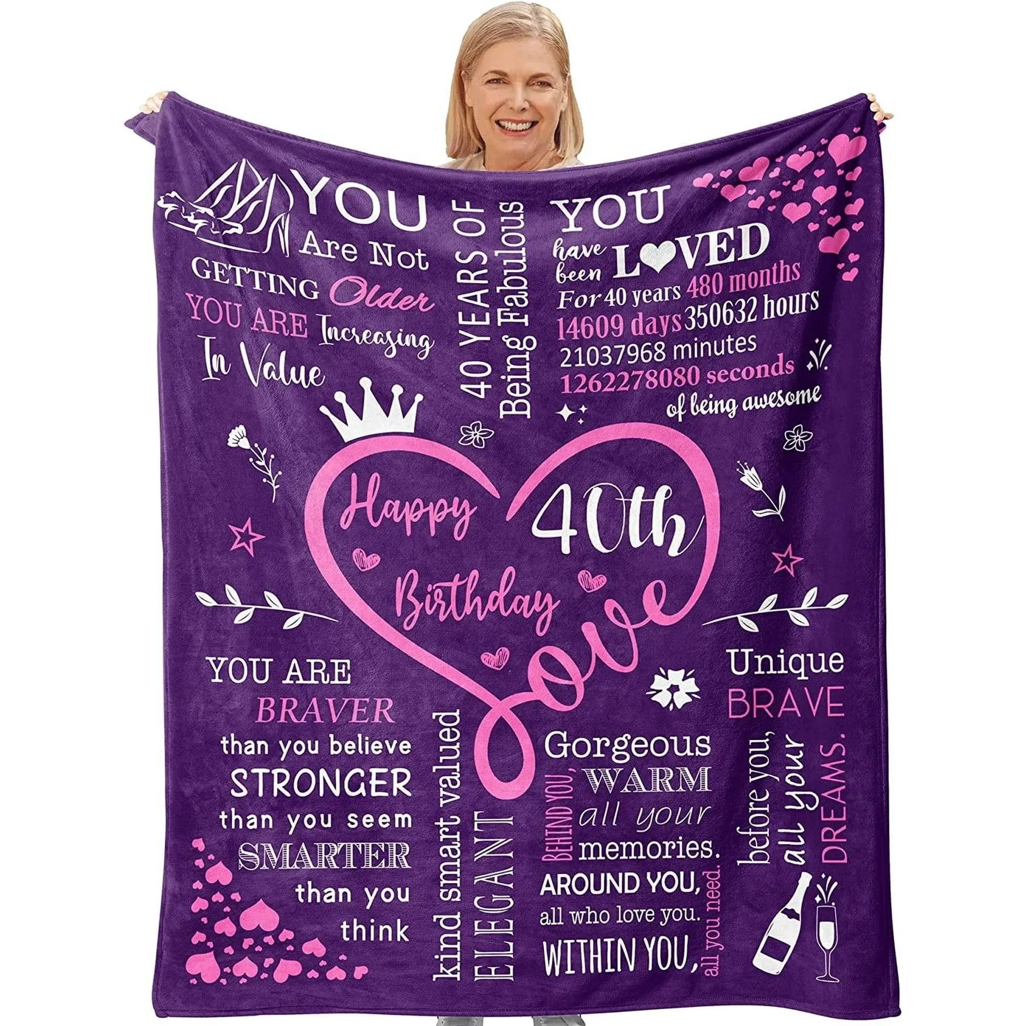 1PC 40th birthday gift Slogan Print Decorative Blanket for her, 40th birthday gifts, 40th birthday decorations for women, creative happy 40th birthday gifts, 40th birthday gifts for mom, wife, 40th birthday blanket