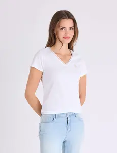 METALLIC TRIM V-NECK T-SHIRT