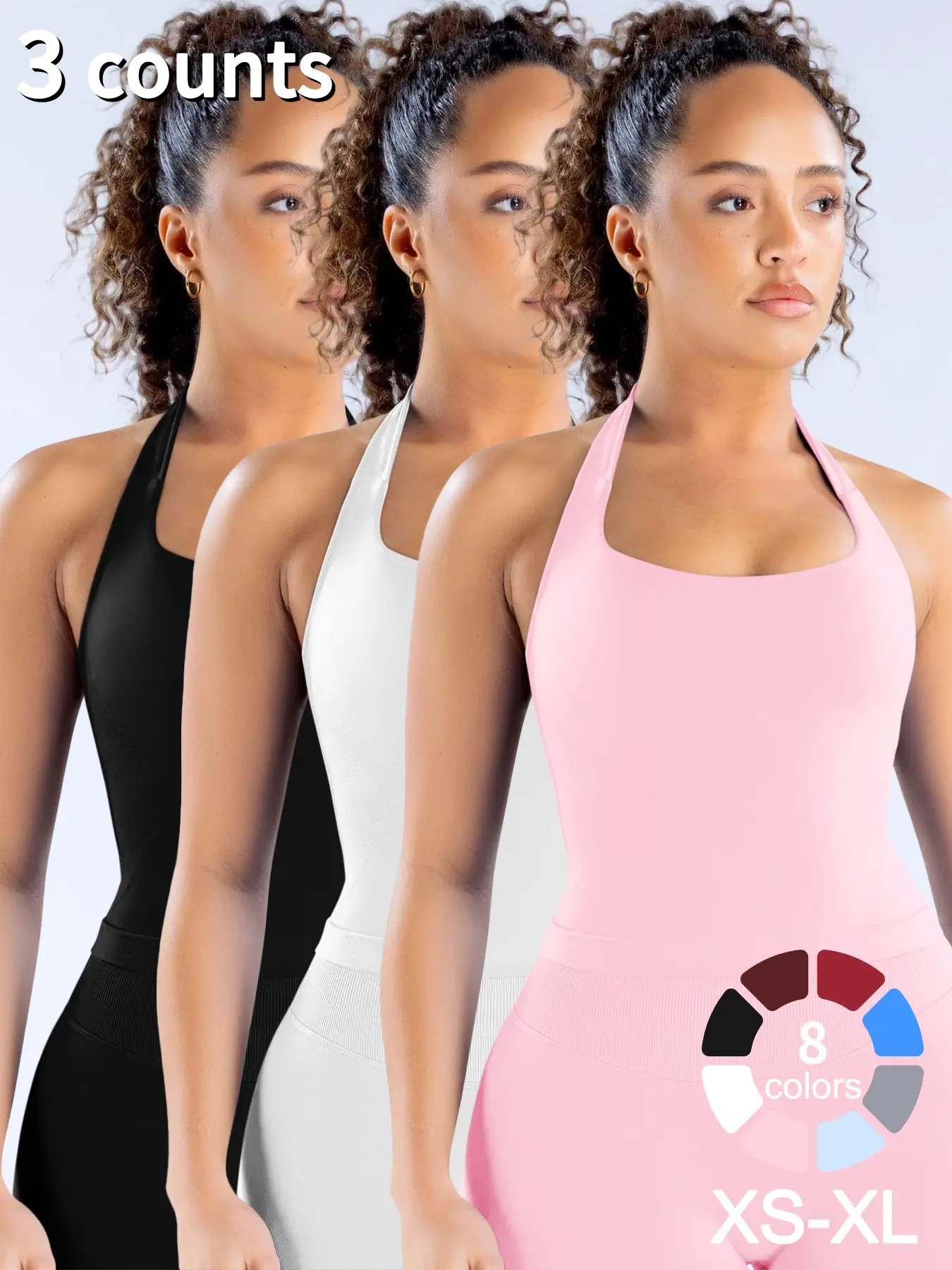 3 Pcs Women's Yoga Halter Neck Tank Top with Removable Pads, Three-Layer Seamless Backless Tank Tops Casual Comfy Sporty Solid Color Soft All Seasons Wear Yoga Exercise Activewear