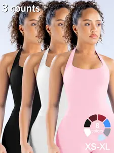 3 Pcs Women's Yoga Halter Neck Tank Top with Removable Pads, Three-Layer Seamless Backless Tank Tops Casual Solid Color Soft All Seasons Wear