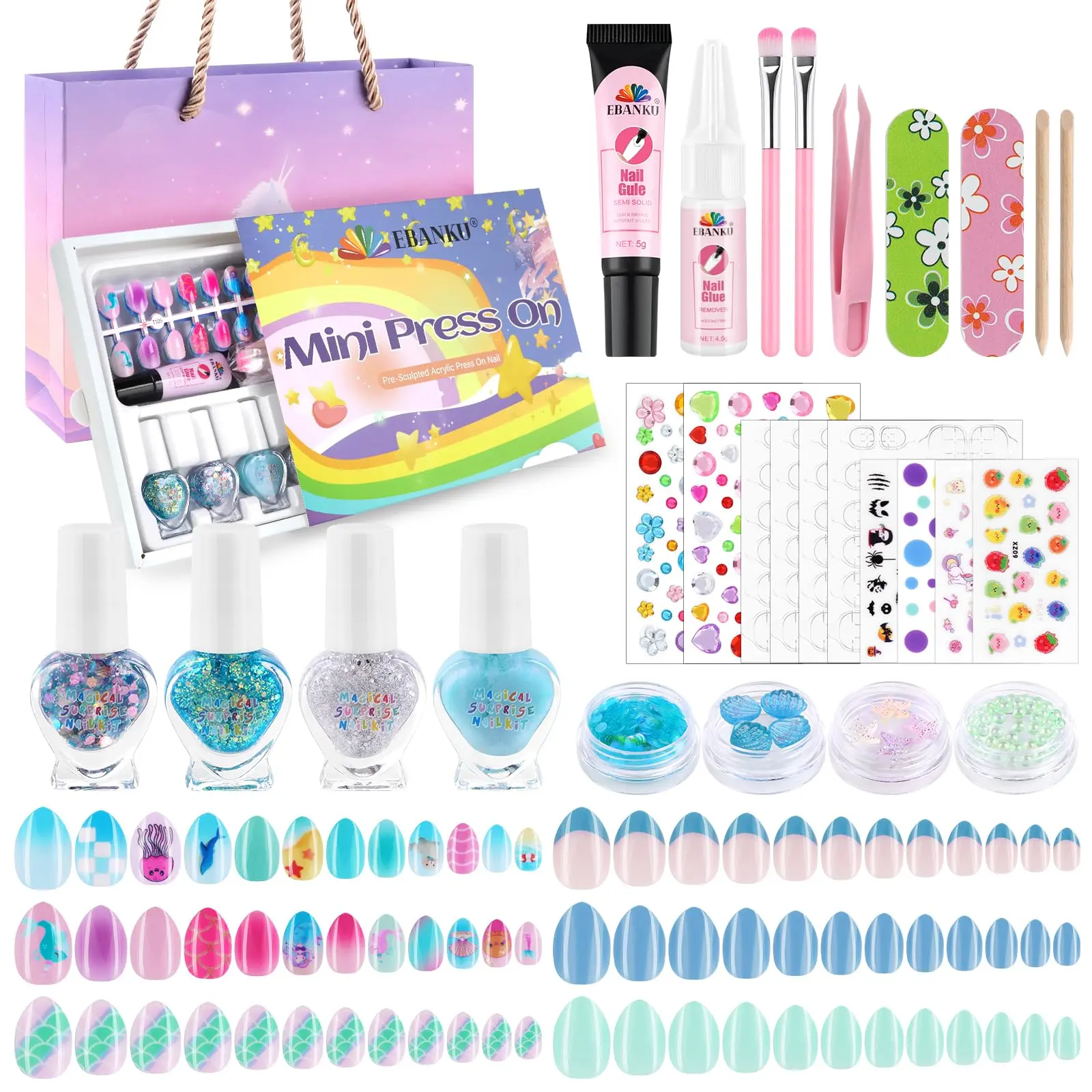 EBANKU 144 Pcs Ocean Press on Nail Kids Gift Box 4 Nail Polish, Kid Flase Nails Kit with Nail Glue Set Fake Nail for Girls Acrylic Nail Kit Set with Nail Tools for Nail DIY