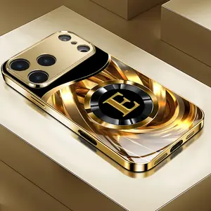 Luxury Chrome Gold Electroplated High-End Business Smartphone Case, Handheld Mobile Accessory with Full Protection Cover and Tempered Glass Screen Protector, Compatible with iPhone 11-17 Plus Pro Max
