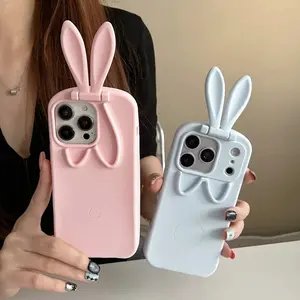 Foldable Rabbit Ear Stand Shockproof Protective Silicone Case Cover For iPhone 17 16 15 14 13 Pro Max - Drop Protection Case