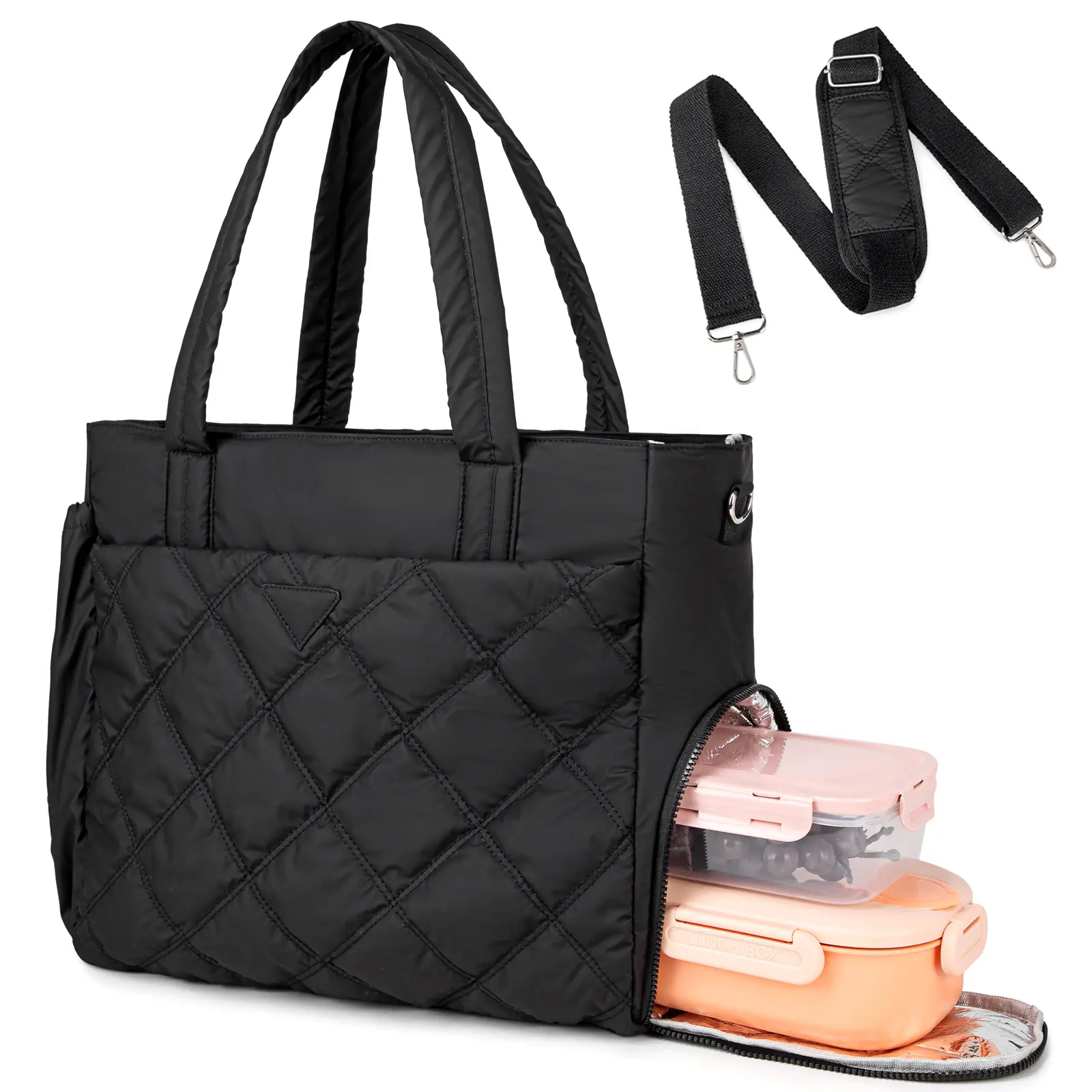 Myhozee Quilted Insulated Women's Lunch Tote Bag - Large Capacity Zipper Lunch Cooler Bag with Shoulder Strap, Ideal for Office, School Work, Zipper Lunch Bag
