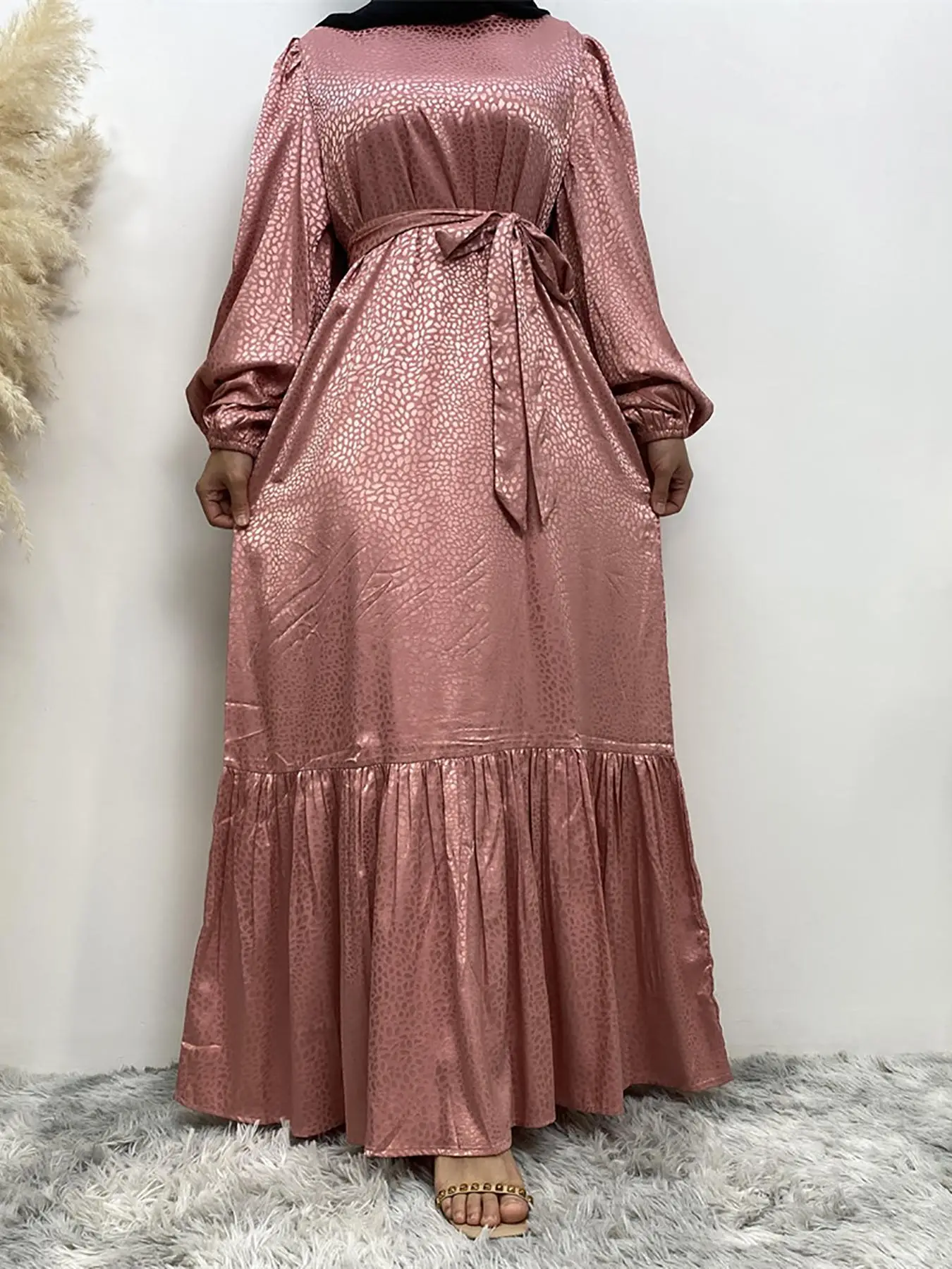 Women's All Over Print Belted Dress, Modest Fashion Casual Round Neck Dress for Daily Outdoor Wear, Women's Islamic Clothing for Summer