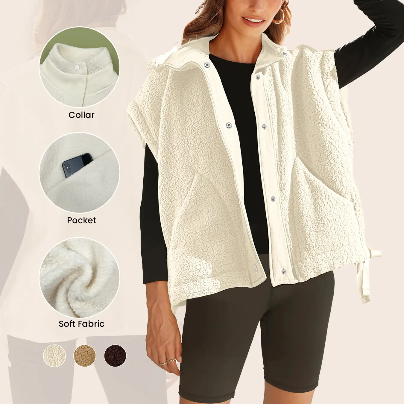 Aswulk Women's Fuzzy Fleece Vest Oversized Sleeveless Sherpa Jacket Warm Button Down Gilet Outerwear With Pockets