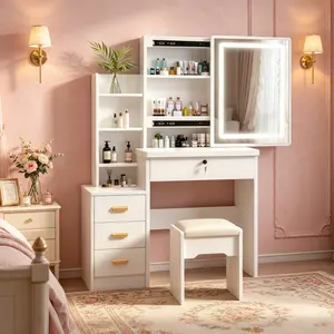 Modern LED Vanity Set with Makeup Stool Three-Color RGB Light Sliding Mirror Four Drawers One Shelf Glass Top Ideal for Girls' Bedrooms Apartments Bathrooms tiktokshopspringglowup