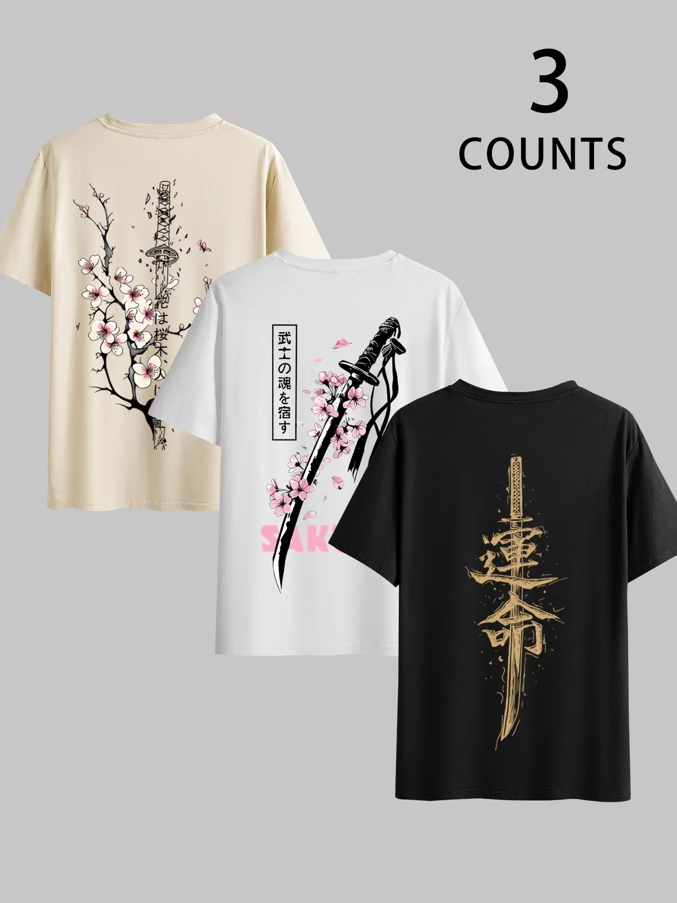 Men's Summer Set 3-Piece Samurai Sword Graphic Print Short Sleeve T-Shirt, Round Neck Casual Comfortable Loose Fit Top, Outdoor Sports and Leisure Wear Clothes, Menswear