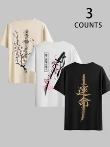 Men's Summer Set 3-Piece Samurai Sword Print Short Sleeve T-Shirt, Round Neck Casual Comfortable Loose Fit Top, Outdoor Sports and Leisure Wear Clothes
