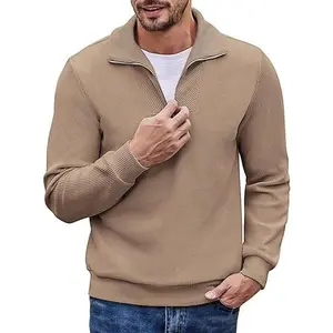COOFANDY Men's Quarter Zip Up Pullover Slim Fit Mock Neck Long Sleeve Sweaters Casual Corduroy Polo Sweatshirt Classic Fabric Menswear Outfit Soft Fashion Formal  Simple Hem