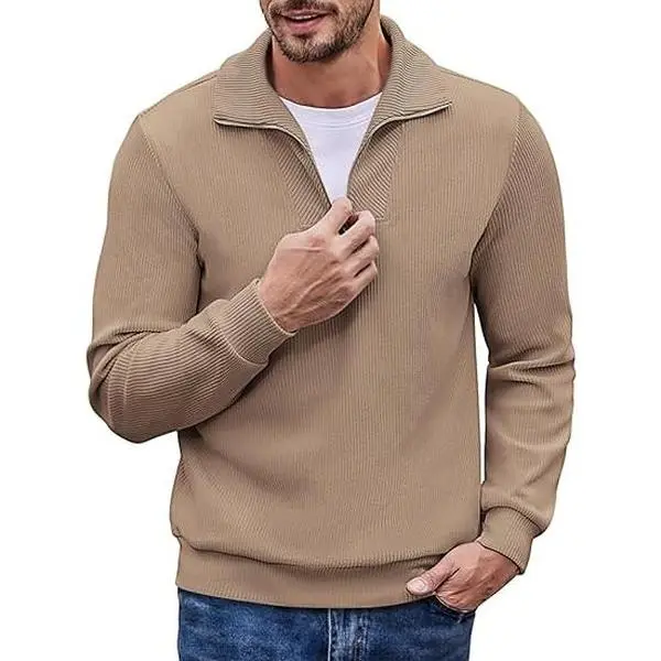 COOFANDY Men's Quarter Zip Up Pullover Slim Fit Mock Neck Long Sleeve Sweaters Casual Corduroy Polo Sweatshirt Classic Fabric Menswear Outfit Soft Fashion Formal Simple Hem