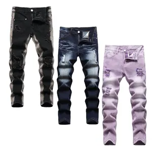 Boy's 3 Pack Skinny Fit Jeans Kids Classic Ripped Destroyed Distressed Denim Pants in Black Blue & Purple