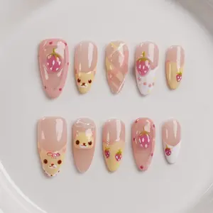 Cute Little Bear Press On Nails for Women Handmade Ellipse/Square False Acrylic Nails 10PCS