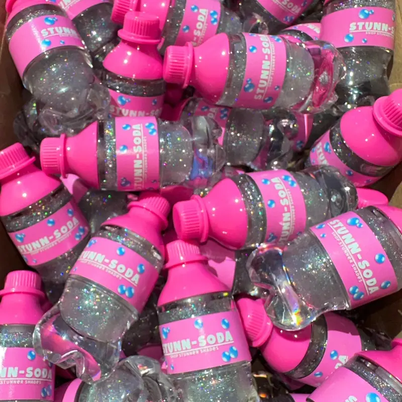 Mini Soda Bottle Lipgloss NOVELTY Stunn Soda Holographic Glossy Glitter Lip Gloss - Peach Scent - Pink Cute Packaging (SOLD INDIVIDUALLY)