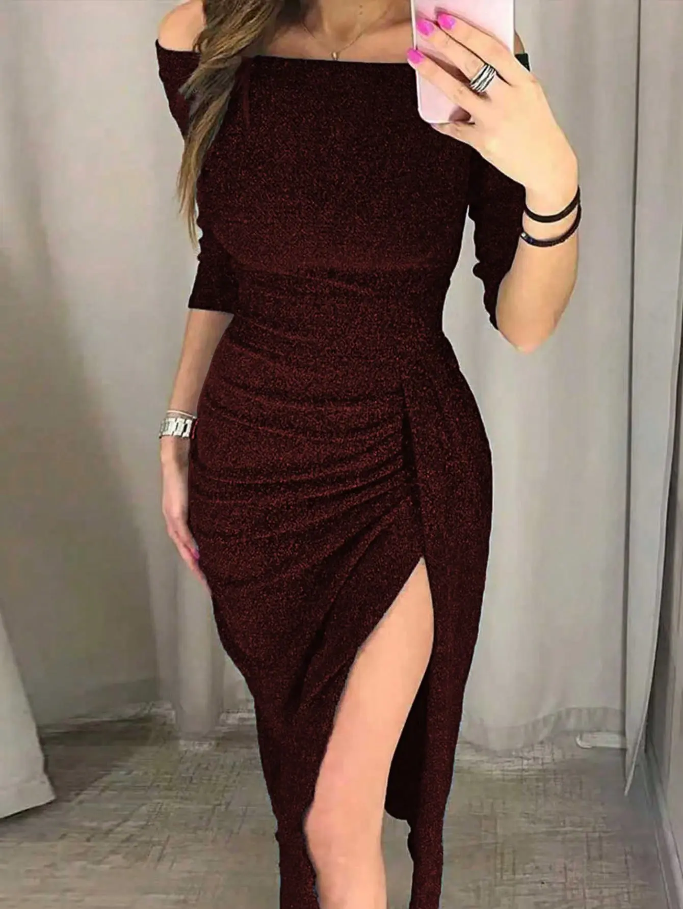 Women's Green Sequin Midi Dress | Off Shoulder Cinched Waist Design With Elegant Slit Detail And Slim Fit Silhouette | Spring Formal Party Wedding Guest Prom Date Night Going Out Outfit For Women