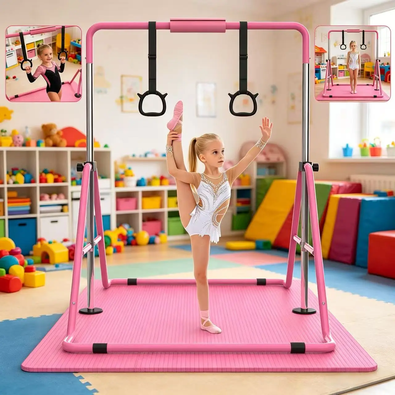SAVEYOUR Kids Foldable Gymnastics Bar with Rings - Junior Gymnastics Equipment, 35"-51" Adjustable Height, Expandable Home Gear for 3-8 Year Old Girls