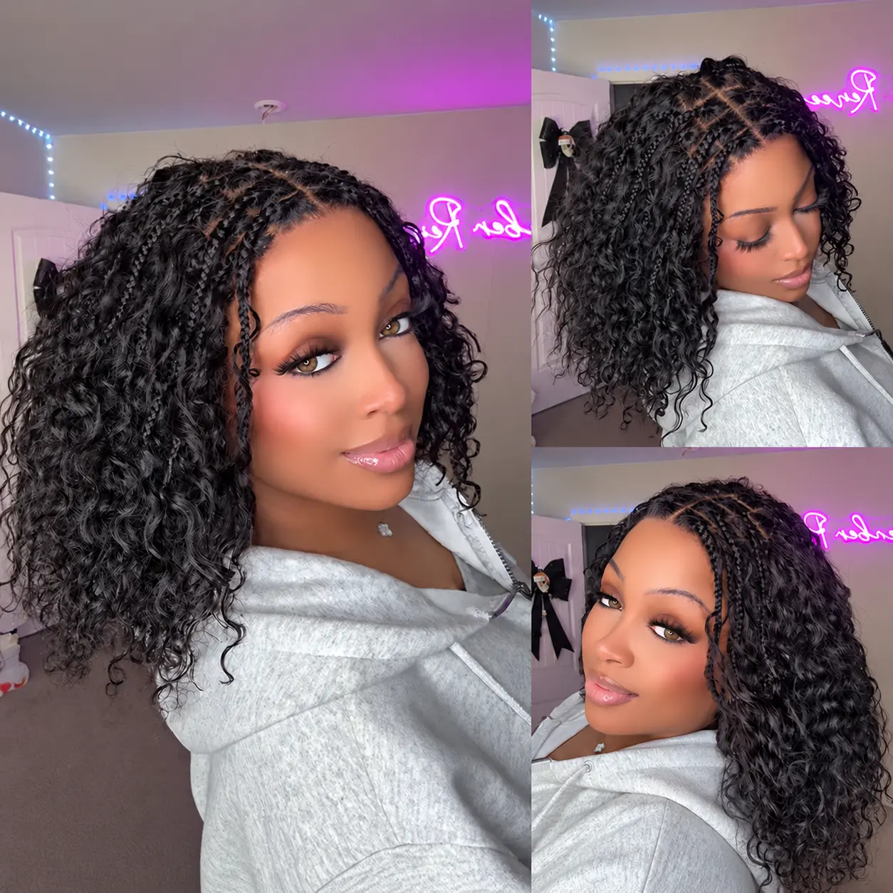 【100%Human Hair】LWIGS Boho Braids Deep Curly Glueless 5x5 Closure Wigs 180% Density Pre-Cut No Glue No Stress Wig Lace Short Curly Human Hair Braided Wig Bohemian Style  , 8-12inch Short Wigs cannot be dyed