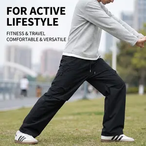 New Men's Plain Pockets Drawstring Straight Leg Cargo Pants Fashion Casual Loose Fit Straight Leg Trousers for Fitness Travel Machine Washable Work Trousers Outdoor Activewear