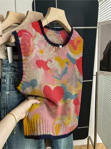 1 piece Spring/Summer Back-to-School Casual Style Loose Round-neck Sleeveless Dark Blue Embroidered Color-Contrast Patchwork Heart Print Knit Top, Vests for Women