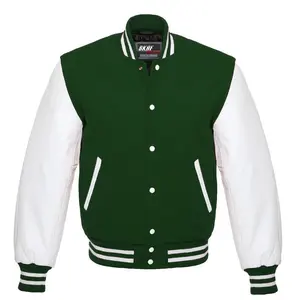 Letterman Varsity Jacket Wool & Real Leather Forest Green/White Collar Knit