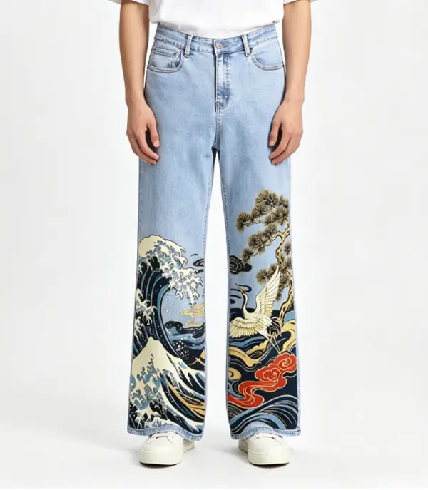Ukiyo-e Print High Waist Jeans for Women, Retro Loose-Fit Wide Leg Denim Pants with Japanese Crane and Wave Art, Jean Pants, All Seasons, Denim Fabric, Bootcut, Bottoms, Wide Legs, Wave Pattern, Cloud, Oriental, Loose Bootcut Jeans, Baggy Denim Jeans