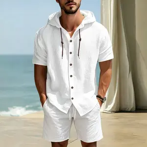 Men's 2-Piece Casual Summer Outfit, Hooded Short Sleeve Henley Shirt & Drawstring Waist Shorts Set, Lightweight Breathable Loungewear for Beach Trips, Vacation, Urban Commuting & Casual Daily Wear