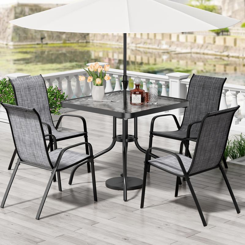 5 Piece Outdoor Patio Dining Set (Umbrella not Included), Porch Furniture with 4 Textline Chairs, 1 Square Glass Table for Garden, Backyard and Poolside, Lawn