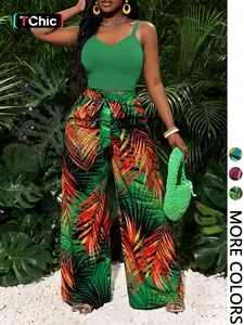 Women's Casual Bohemian Vacation Two-Piece Set, Elastic Tank Top + Loose Printed Wide Leg Pants, Comfortable and Stylish, Outfit