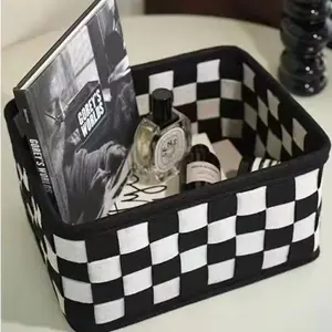 High Capacity Storage Basket, Multifunctional Grid Pattern Felt Desk Organizer, Bedroom Clutter Box, 1pc