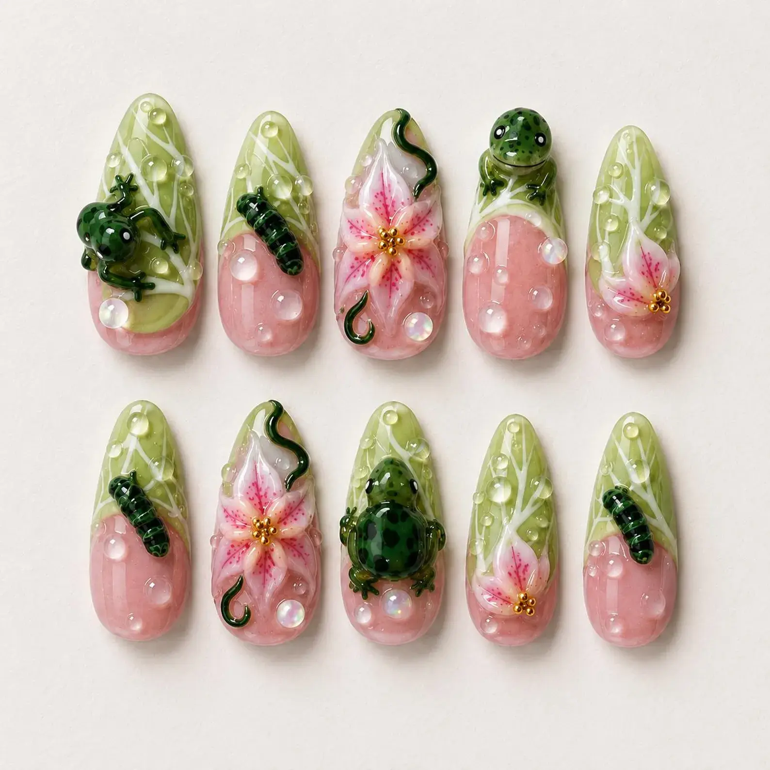 Frog Garden Press On Nails | Handmade 3D Gel Flower Caterpillar Design | Cottagecore Kawaii Aesthetic Reusable Gift for Her