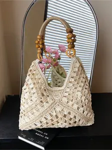 Bohemian Straw Crossbody Bag Handmade Woven Rattan Purse with Wooden Ring Handle Perfect for Summer Beach Vacation
