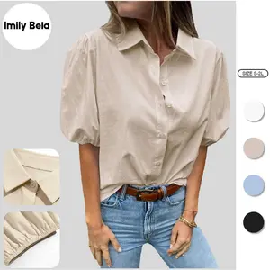 Imily Bela Women's Puff Sleeve Cotton Button Down Shirt  #OOTD Must - Have! Baggy Beige