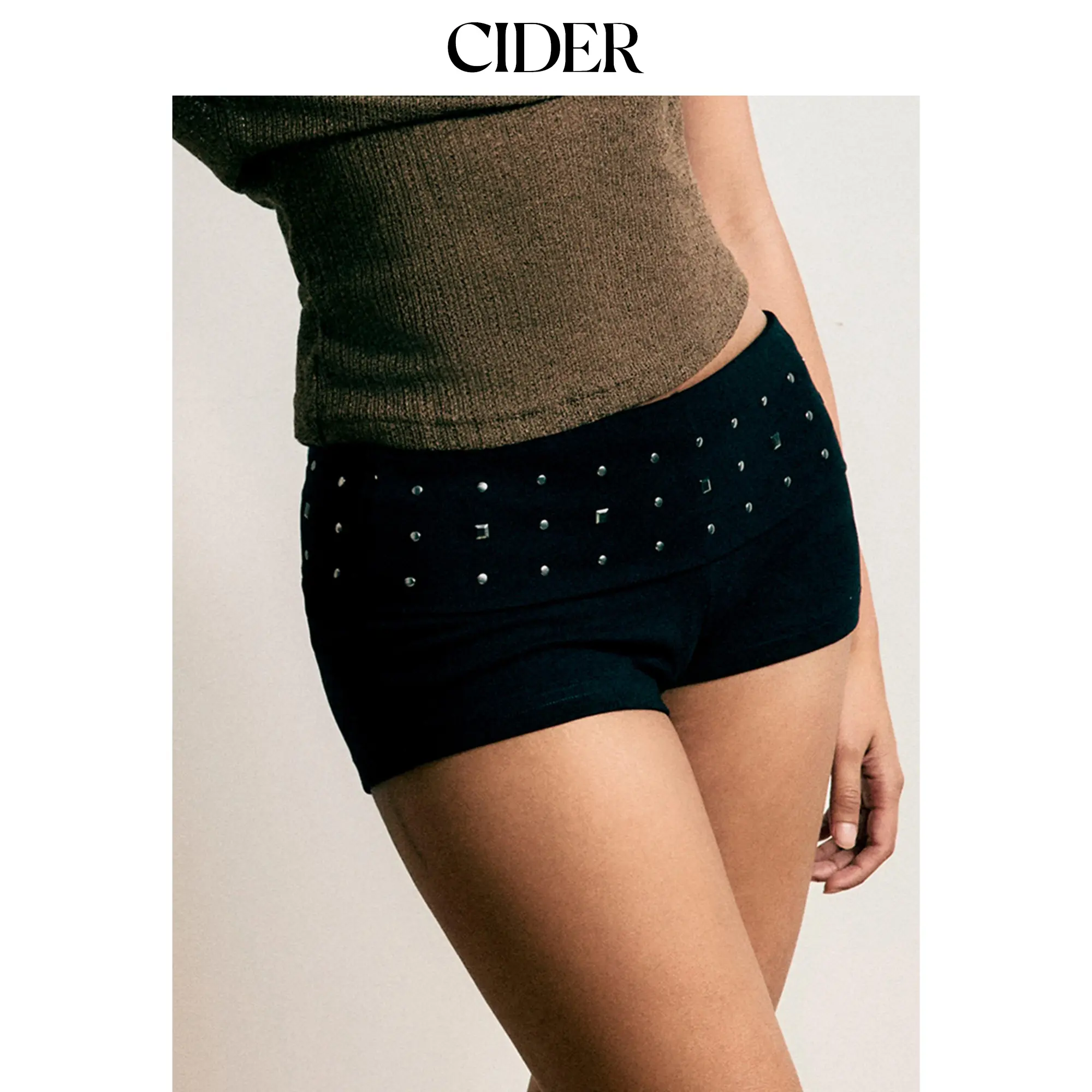 Cider Women's Casual Cotton-Blend Low Rise Micro Shorts, Stylish Bottoms with a Unique Side Metal Ring Detail, Bottom, Elastane, Skinny Legs