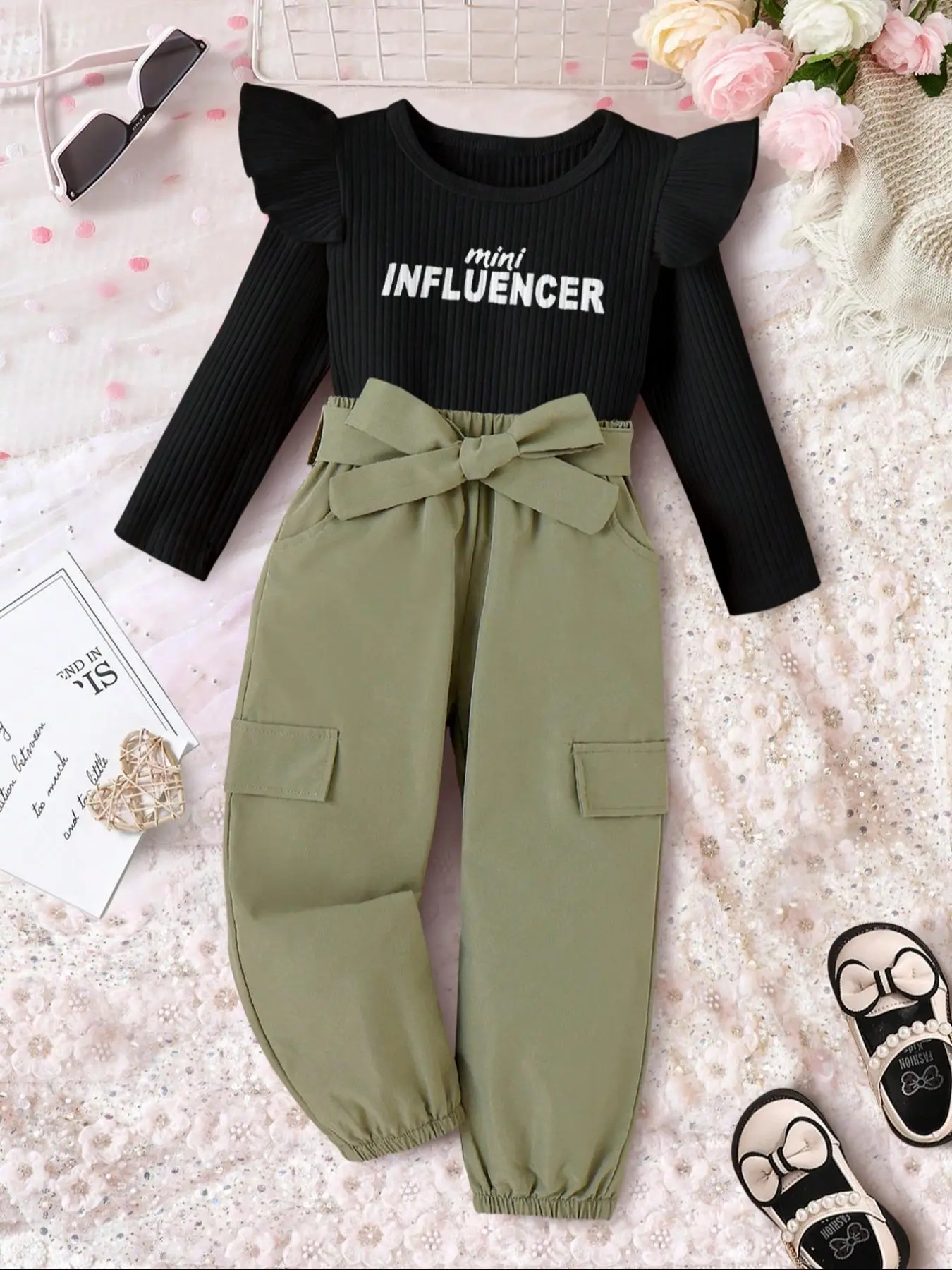 Two-Piece Set Girl's Letter Print Ruffle Trim Top & Plain Belted Pocket Pants Set, Casual Round Neck Long Sleeve Top & Trousers for Fall & Winter, Kid
