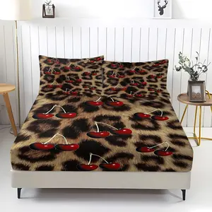 3Pcs Leopard Print Fitted Sheet Set, Glamorous Cherry Decor, Plush Tan and Beige Fur Design with Glossy Red Cherries, Soft and Cozy Bedding Set, Comfy Bed Sets, Perfect Gift for Style Lovers, Includes 2 pillowcases (pillow inserts not included).