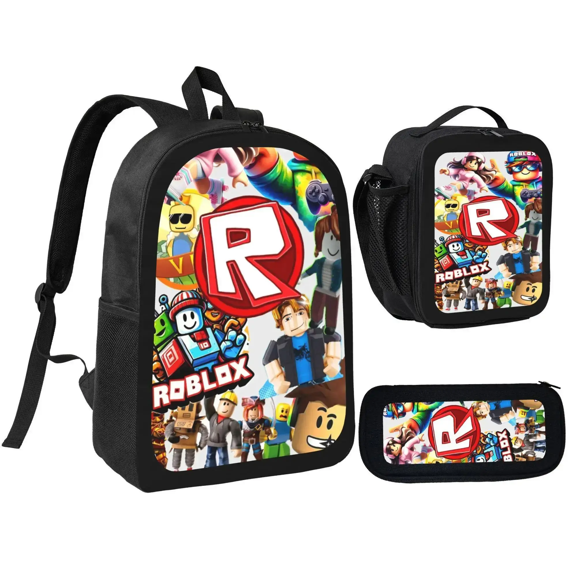 3-Piece Kids Backpack Set with Roblox Print, Unisex School Bag with Matching Lunch Bag and Pencil Case, 3-Pieces, Fun, Comprehensive Set