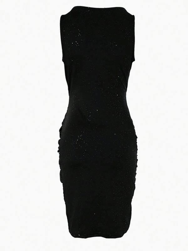 Glitter Sleeveless Twist Design V Neck Slim Fit Sexy Party Mini Dress For Women Black Contrast Sequin Bodycon Knee Length