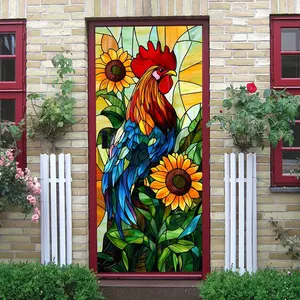 2pcs Colorful Stained Glass Style Rooster Wall Sticker Sunflower Pattern Decorative Decal Self Adhesive Wallpaper for Bedroom Living Room Home Art Decor Removable Waterproof Eco Friendly Material