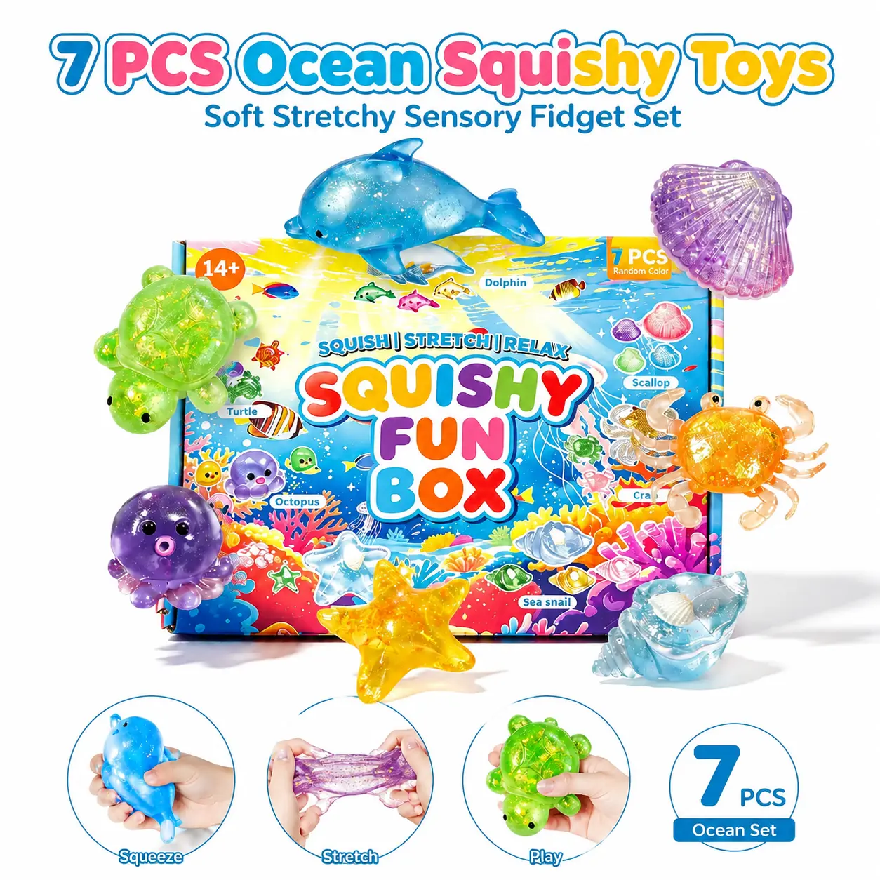 7-Piece Ocean Squishy Stress Relief Toy Set, Soft & Stretchable Sensory Fidget Toys. Includes 7 distinct marine creature figures. Ideal as party favors, classroom rewards, birthday gifts and holiday presents.