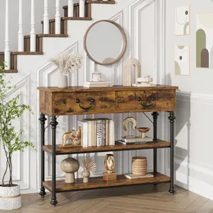 【GARVEE】Rustic Brown Console Table for Entryway, Narrow Sofa Table with 2 Drawers and Storage Shelves, Perfect for Living Room, Hallway, and Small Spaces