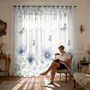 2 Panels Watercolor Flowers Print Light Filtering Curtain Panels,for Living Room Semi Sheers With Grommet for Dining Rooms,Window Drape for Bedroom