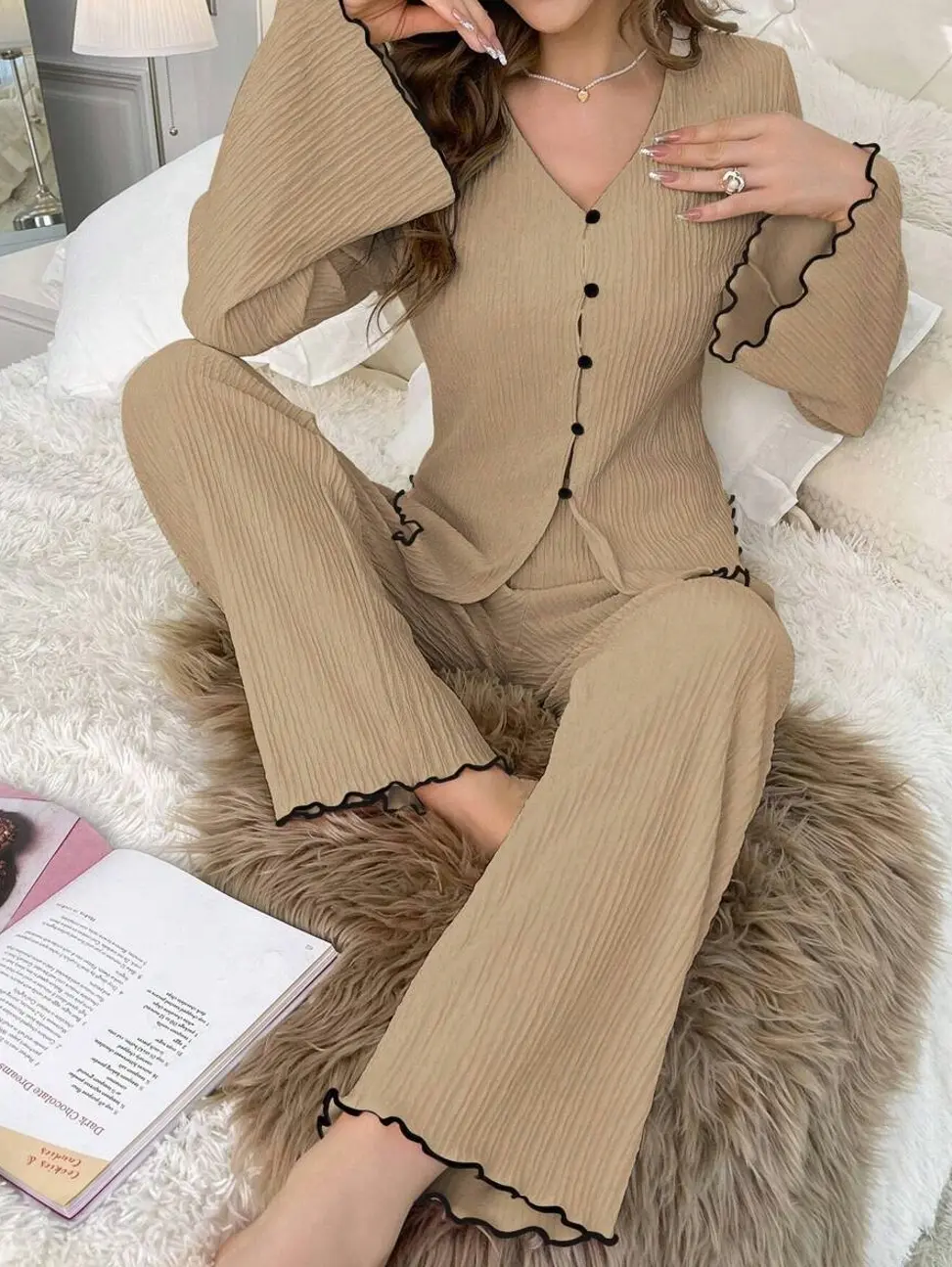 Women's Rib-Knit Lettuce Trim Long Sleeve Button Front Pajama Set in Coffee Brown